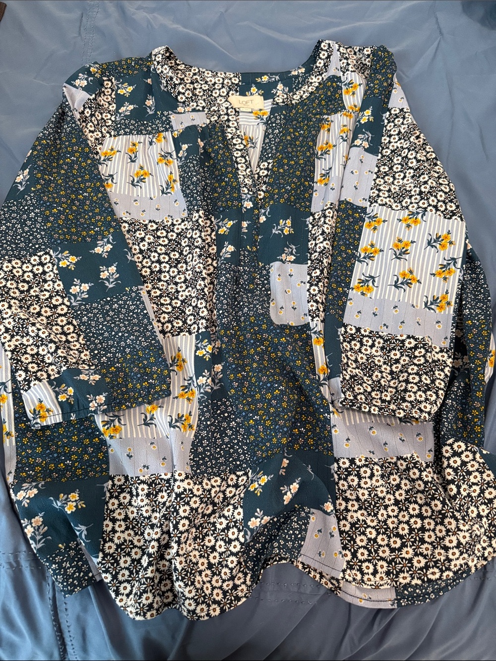LOFT Patchwork Floral Long-Sleeve Blouse in Blue, White, Yellow
